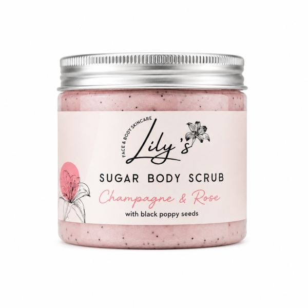 Sugar Body Scrub with Black Poppy Seeds Champagne and Rose Scented Jar