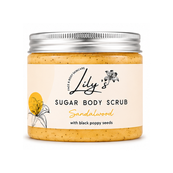 Sugar Body Scrub with Black Poppy Seeds Sandalwood Scented Jar